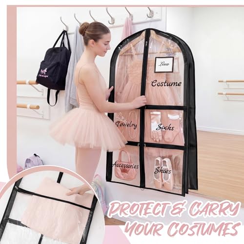 Nuenen 3 Pack Dance Garment Bags for Costumes Clear Dance Recital Organizer with Pockets & Labels, 40 Inch PVC Hanging Costume Bag for Competition Travel, Garment Bag with Compartments(Black) - color: Black