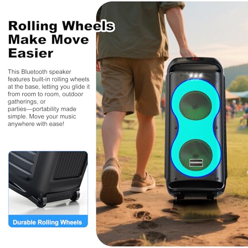 Bluetooth Karaoke Speaker with 2 Wireless Microphones – 40W Portable PA System with LED Lights, TWS Pairing, 6.5” Dual Woofers, Rolling Wheels, Rechargeable Battery - for Party/Home/Outdoor