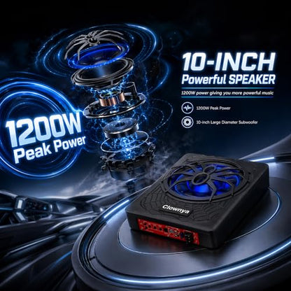 10" 1200W Slim Under-Seat Powered Car Subwoofer with Built-in Amp | Aluminum enclosure, high and low level RCA and speaker inputs, wired remote control, blue LED light, fits truck SUV Jeep MPV