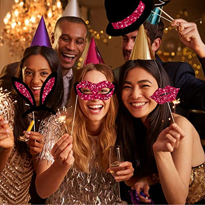 Zonon 24 Pcs Photo Booth Props Set Black Gold Birthday,Burgundy and Black | Props on Sticks for Wedding, Reunion, Prom, Includes Mustache, Hats, Glasses, Ties, Lips, Crowns, Fun Party Accessories - color: Burgundy and Black