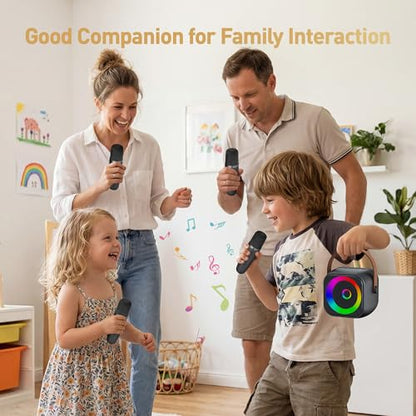 Mini Karaoke Machine for Kids Adults：Portable Bluetooth Karaoke Speaker with 2 Wireless Microphones and Lights for Home Party, Christmas Birthday Gifts for 4-12+ Years Old Girls Boys（Dark） | 360° Surround Sound,5 Voice Effects,Bluetooth 5.0,LED Lights, TF