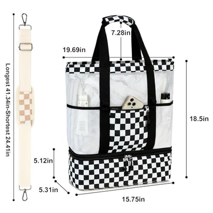 Bluboon Mesh Beach Tote Bag with Cooler Compartment Insulated Detachable Picnic Bag with Zipper and Pocket Pool Bag for Women - color: A-black and White Grid
