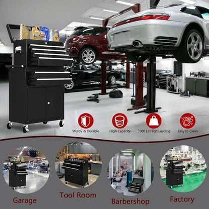 Heavy Duty 5-Drawer Rolling Tool Chest, 2-in-1 Detachable Top Tool Box, Locking Steel Storage Cabinet Cart on Wheels, Red&Black - color: Red&black, size: 5 Drawers