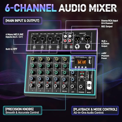 6-Channel Audio Mixer for Beginners, Easy Setup DJ Mixer with Bluetooth, USB/MP3 Sound Card, DSP Effects & 48V Phantom Power, Compact Mixing Console for Karaoke, Podcast & Streaming