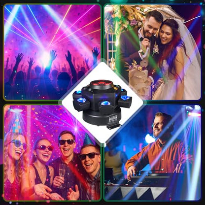 150W 6-Arm Spider Bee-Eye Moving Head LED DJ Light | 4-in-1: 6 moving RGBW beams, 4 center bee-eye wash lights, R/G starry laser, white/amber strobe, sound active, 24CH DMX