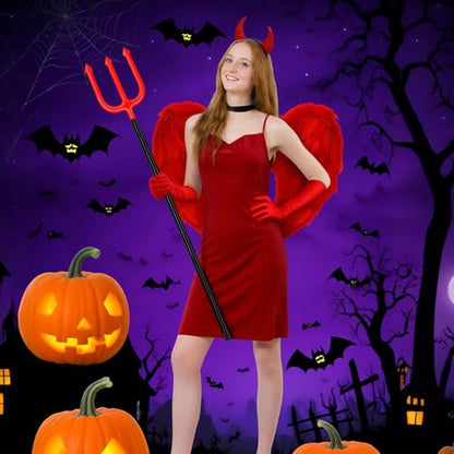 Chuangdi 9 Pcs Angel Wings Costume Set with Headband Gloves Horns Women | White Fairy Black Angel Red Devildom Halloween Costume Wing Headband Satin Gloves Red Horns for Halloween Cosplay Accessories