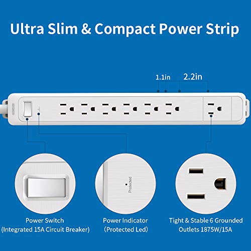 NTONPOWER 7 Outlets Surge Protector Power Strip, Flat Plug, 15 A Circuit Breaker, 5ft Heavy Duty Cord Wall Mount Right Angle Plug for Home Theater Office, White, 1080 Joules - size: 5 ft