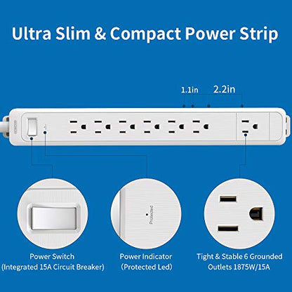 NTONPOWER 7 Outlets Surge Protector Power Strip, Flat Plug, 15 A Circuit Breaker, 5ft Heavy Duty Cord Wall Mount Right Angle Plug for Home Theater Office, White, 1080 Joules - size: 5 ft