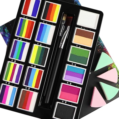 16x10 gm Face Paint Professional Face Painting Kit for Adults with Stencils, Water Based Facepaint One Stroke Split Cake Palette Rainbow Body Paint Party Halloween Makeup Set