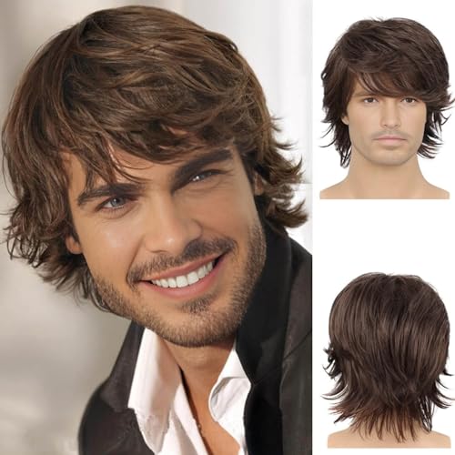 Creamily Mens Brown Wig Wolf Cut Mullet Wig Short Synthetic Hair Wigs Natural Looking Heat Resistant Fluffy Layered Mens Wigs for Halloween Cosplay Costume - color: H-Mullet Brown