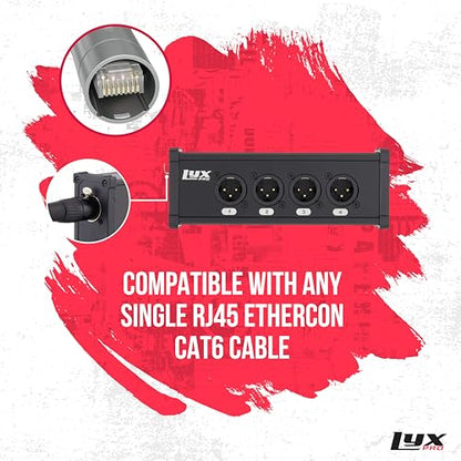 LyxPro 4-Channel Male XLR to RJ45 Ethercon Breakout Box, Ground Lift | 4 male 3-pin XLR channels over one Cat6 cable up to 330 ft; supports analog audio, AES & DMX with built-in ground lift. - size: Male - No Cables
