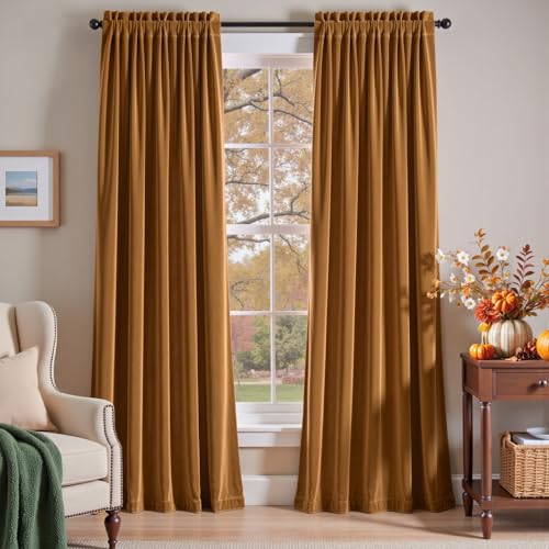 jinchan Velvet Blackout Curtains for Bedroom 84 Inch Long Thermal Insulated Living Room Darkening Curtains Luxury Gold Brown Room Curtain Plush Light Blocking Privacy Window Drapery Rod Pocket 1 Panel - color: Gold Brown, size: 52"W x 84"L (Pack of 1)
