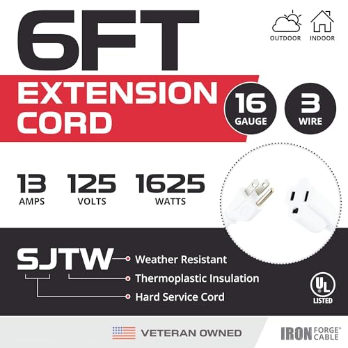 Iron Forge Cable 16 Gauge Heavy Duty White Extension Cord, 6 Ft - SJTW | 16/3 SJTW Cable, 3 Prong Grounded Plug, 13 Amp - For Landscaping, Leaf Blowers, Lights, Appliances - size: 6 Foot