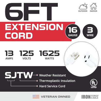 Iron Forge Cable 16 Gauge Heavy Duty White Extension Cord, 6 Ft - SJTW | 16/3 SJTW Cable, 3 Prong Grounded Plug, 13 Amp - For Landscaping, Leaf Blowers, Lights, Appliances - size: 6 Foot