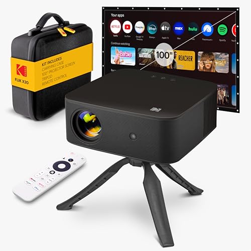KODAK FLIK X20 Full HD Smart Projector Kit, 100-Inch Screen, Black - color: Black