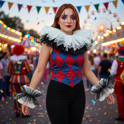 Renaissance Victorian Ruffle Collar and Wrist Cuffs Set Clown Neck Collar Layered Tulle Collar Cuffs - color: Black&white