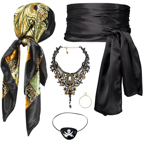 Women Pirate Costume Accessories Set|Headscarf Wrap Hat Sash Belt Cosplay Outfit With Stainless Steel Earring Necklace - style: 5 Pcs Pirate Set - Black Pirate Lace Necklace Set