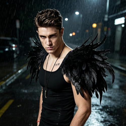 L'VOW Men Gothic Natural Real Feather Epaulet Shrug Shoulder Strap for Halloween Costume - Pack of 2 - color: A-rooster Black