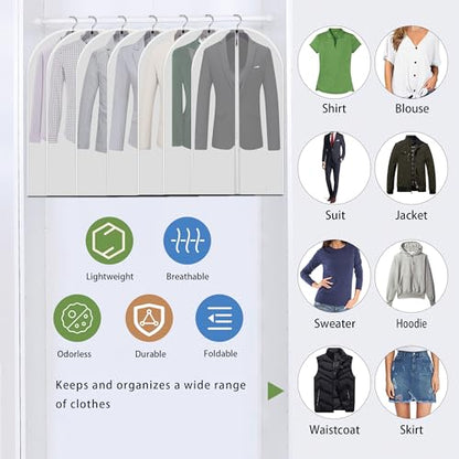 Garment Bags 12 Pack, 24x40 Inch Clothes Covers for Closet | Dust Proof Translucent PEVA, Full-Length Zipper, 12 Mid-Length Bags, for Suits, Shirts and Seasonal Rotation - size: 24" x 40" 12 Piece Set