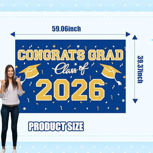 Blue Gold Graduation Backdrop 39x59 Inches, Class of 2026 Photo Booth Background for Commencement Party Decor - style: Blue Gold Backdrop