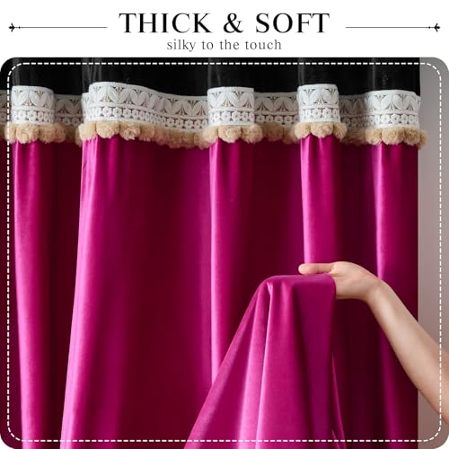 GIGIZAZA Boho 84 Inches Long Curtains 2 Panels for Living Room Black HotPink Farmhouse Velvet Elegant Window Blackout Curtain Drapes Lace Pom Pom Embroidered Curtains - color: Pom Pom/Black+hot Pink, size: 52"W x 84"L (Pack of 2)