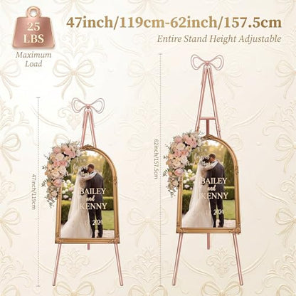 RattanView Adjustable Rose Gold Easel Stand for Sign with 3 Toppers 62" | Metal Display for Wedding Board Poster Picture, Bow Star Heart Toppers, Sturdy Tripod for Paintings Photos Art