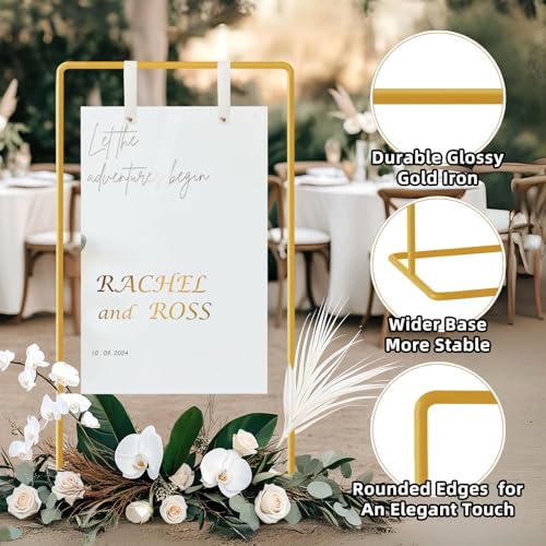 Wedding Sign Holder, Adjustable Welcome to Our Wedding Sign Stand W/Design Bundle & Leather Sign Hanging Straps, Heavy Duty Easel Stand for Sign, Wedding Seating Chart Stand, Easel for Display (Gold) - color: Gold