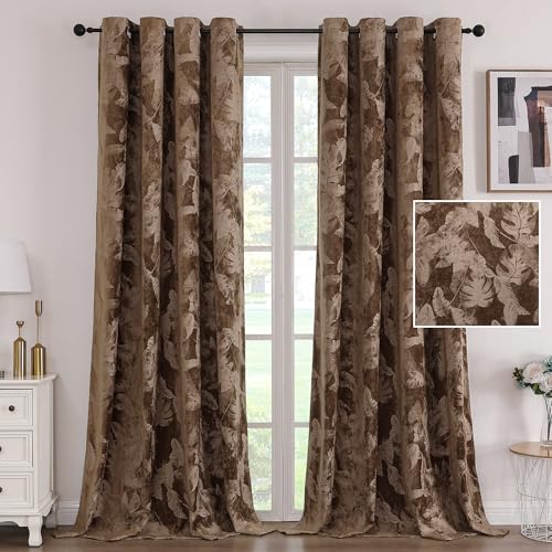 H.VERSAILTEX Velvet Leaf Pattern Curtains for Living Room 84" L, Caramel | Luxury Velvet, Room Darkening, Light Blocking, Noise Reducing, Thermal Insulated, Grommet Top, 52 X 84 Inch, 2 Panels - color: Leaf-caramel, size: 52"W x 84"L (Pack of 2)