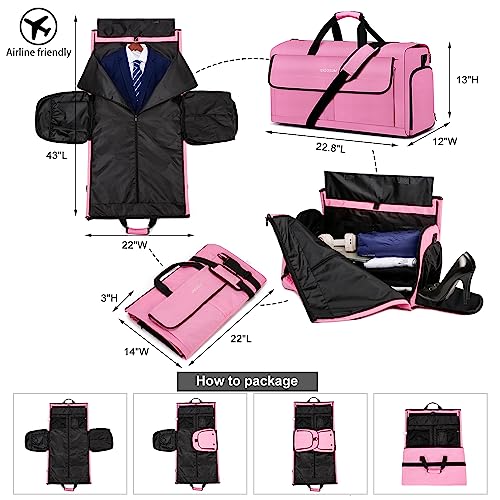 Carry On Garment Bag for Women, Durable Garment Duffle Bag for Travel with Shoes Compartment, Convertible & Foldable 2 in 1 Hanging Dress Weekender Suitcase Suit Travel Bag, Gifts for Women, Pink - color: Pink