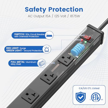 JUNNUJ Long 16 Outlet Power Strip Surge Protection 4800J, Wide Spaced Industrial Heavy Duty Outlets with 20Amp Switch, High Amp Extension Cord 6-20R T-Slot 15FT Black - size: 15FT