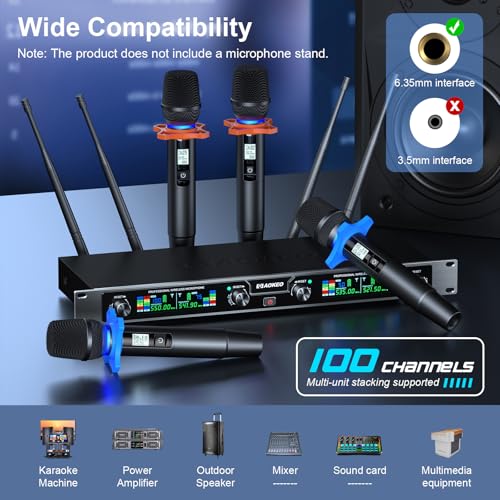 Aokeo Wireless Microphones System, 4 Channel UHF Wireless Mics,with 4 Handheld Dynamic Microphones,Metal Receiver for Karaoke,Singing,Wedding,Party,Speech - color: Brown