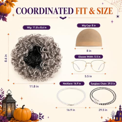 MAQIHAN Granny Wig Set - Light Gray Old Lady Wig with Glasses Cap | Synthetic Elderly Woman Costume Accessories with Faux Pearl Necklace for Halloween Cosplay, Funny Old Lady Outfit Party - color: Gray