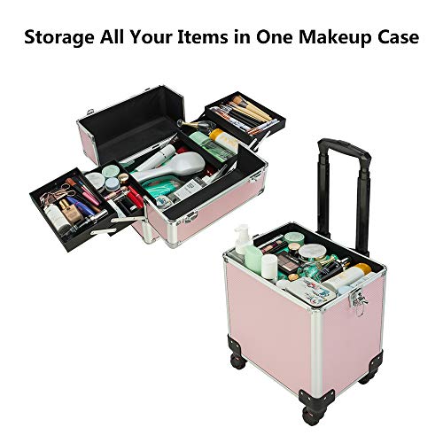mefeir 4 in 1 Rolling Makeup Train Case, Aluminum Makeup Travel Organizer Cosmetic Case, Cosmetology Display Suitcase on Wheels, Beauty Storage Luggage Lockable w/4 Removable Wheels (Pink) - color: Pink