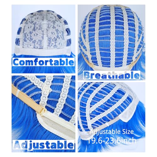 Short Blue Bob Wig Women Adult Unisex Blue Spiky Fluffy Wig + Wig Cap | Short Costume Synthetic Fiber Hair Wig for Halloween Cosplay Party - color: Blue