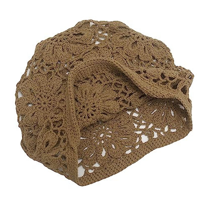 ZLYC Women Cotton Crochet Slouchy Beanie Hat Handmade Knit Summer Skull Cap | Lightweight breathable,boho casual chic look,travel photos festival party,café commute daily wear,beach concert gathering - color: Knit Tan