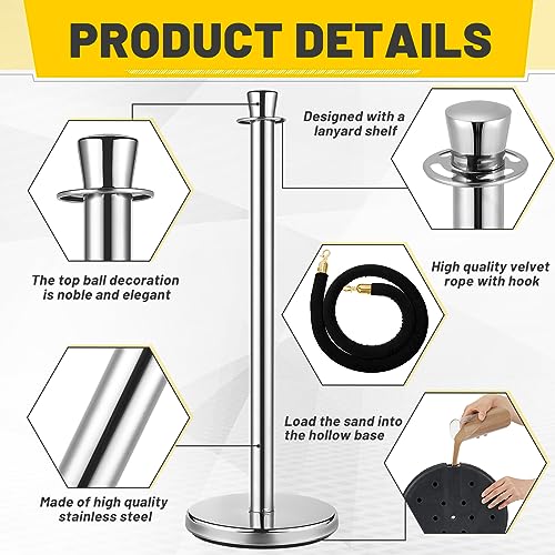 Wesiti 6 Pcs Stainless Steel Stanchion Post Queue with Crown Top 5 ft and 3 Pcs Velvet Rope and Poles Crowd Control Barriers Sand Injection Hollow Base and Velvet Ropes Set for Party (Silver, Black) - color: Silver, Black