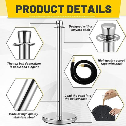 Wesiti 6 Pcs Stainless Steel Stanchion Post Queue with Crown Top 5 ft and 3 Pcs Velvet Rope and Poles Crowd Control Barriers Sand Injection Hollow Base and Velvet Ropes Set for Party (Silver, Black) - color: Silver, Black