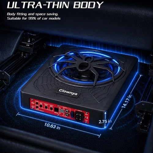 10" 1200W Slim Under-Seat Powered Car Subwoofer with Built-in Amp | Aluminum enclosure, high and low level RCA and speaker inputs, wired remote control, blue LED light, fits truck SUV Jeep MPV