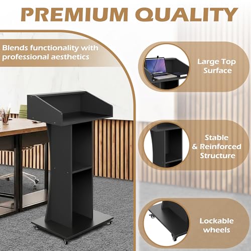 Podium Stand with Lockable Wheels,47"H Wooden Podium for Classroom, Mobile Pulpit Lectern with 3 Storage Shelves for Church, Office,Conference Room (Black) - color: Black