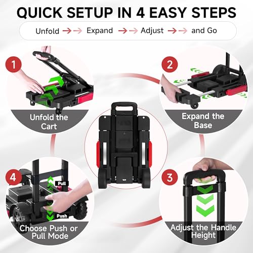 Folding Hand Truck Dolly, 220 lb Portable Utility Cart | with Expandable Base, 3 Adjustable Heights, 5-Wheel Collapsible Luggage Cart with 2 Ropes for Moving, Office and Travel