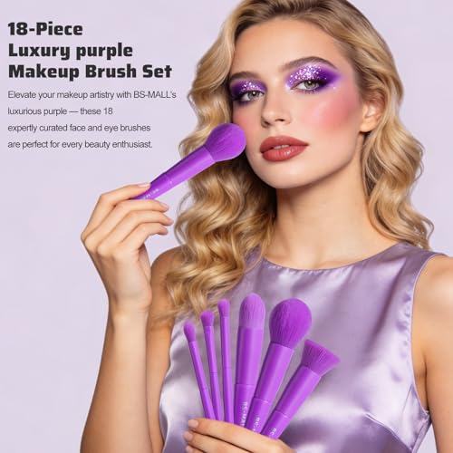 BS-MALL Makeup Brush Set 18 Pcs Premium Synthetic Foundation Powder Concealers Eye shadows Blush Makeup Brushes with Case (Purple) - color: Purple