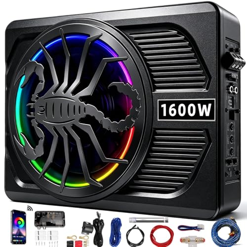 Upgrade1600W Under Seat Subwoofer | 10" Slim Car Sub with Built-in Amp, RGB LED Lights, APP Control | Independent Bass Knob, LPF, Gain, Bass Boost | High Output Deep Bass Distortion-Free Audio - color: Black XZWT
