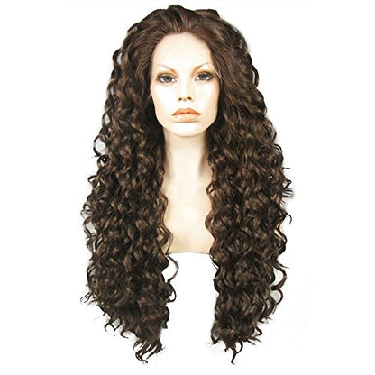 + Hair Cap Long Brown Lace Front Wig for Women Dark Brown Lace Front Wig Dark Long Curly Wig Brown Synthetic Wig Widow Peak Caramel Hair Wig for Women Girls Daily Wear - color: Brown 2