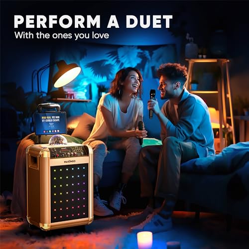 MASINGO Karaoke Machine for Adults and Kids with 2 Bluetooth Wireless Microphones. Portable Singing PA Speaker System with Disco Ball Lights, Lyrics Display Tablet Holder & TV Cable. Soprano X1 2.0 - color: Gold (2.0)