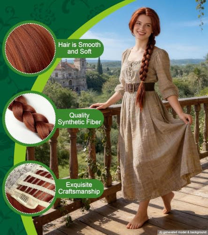 Red Brown Braided Cosplay Wig, Long Synthetic Costume Hair | Adjustable cap included, long red-brown braid for princess costume, Halloween, fantasy dress-up, parties, and role play - color: Red