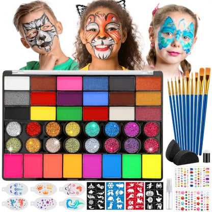 42 Colors Face Painting Kit for Kids -Water Activated Face paint palette | Face Painting Kit with 18 Matte, 16 Glitter and 8 UV-reactive Colors, Brushes, Stencils and Gems for Halloween and Cosplay