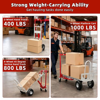 Aluminum 4 in 1 Convertible Hand Truck Dolly, 1000Lbs Capacity, Heavy Duty Folding Hand Truck Dolly Cart with Wheels 10" All-Terrain Tires, Hand Trucks for Logistics, Home, Office, School, Red - color: Red