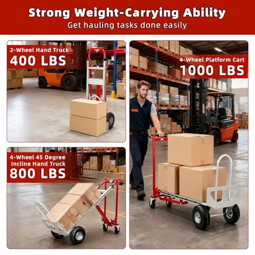 Aluminum 4 in 1 Convertible Hand Truck Dolly, 1000Lbs Capacity, Heavy Duty Folding Hand Truck Dolly Cart with Wheels 10" All-Terrain Tires, Hand Trucks for Logistics, Home, Office, School, Red - color: Red