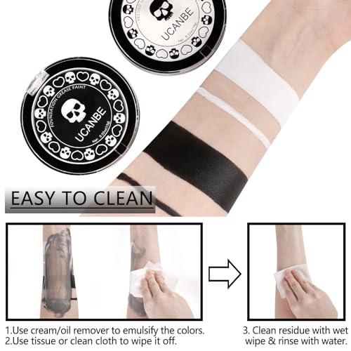 UCANBE Black White Face Body Paint with Painting Brush Kit, Cream-to-Powder Goth White Foundation + Black Greasepaint for Kids & Adult Halloween, SFX Makeup Set for Clown Skull Mime Cosplay & Costume - color: Black, White