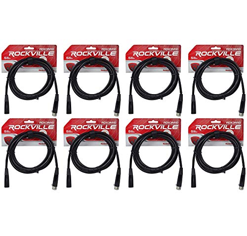 Rockville RDX3M10 8-Pack 10' 3-Pin DMX Cable, Female to Male, 100% OFC | Copper Conductors, Nickel Plated, 120 Ohm, XLR Connectors, Strain Relief, Hi-Density Braided Shield, EMI/RFI Rejection